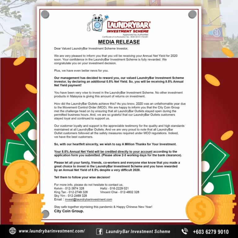 Laundrybar Investment Scheme Annual Net Yield Announcement 2020