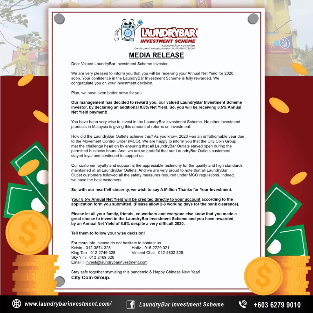Laundrybar Investment Scheme Annual Net Yield Announcement 2020